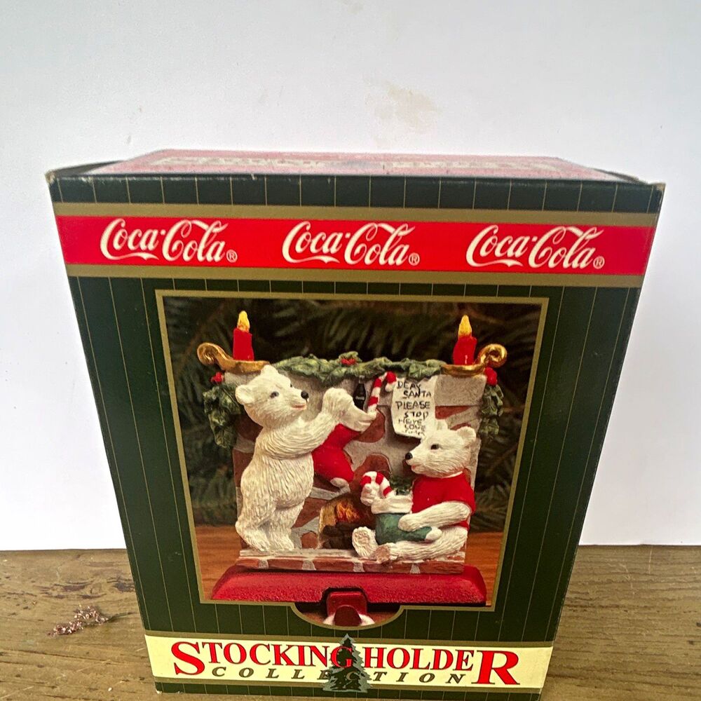 Coca-Cola Christmas Stocking Holder 1997 Polar Bears Fireplace Vintage NIB